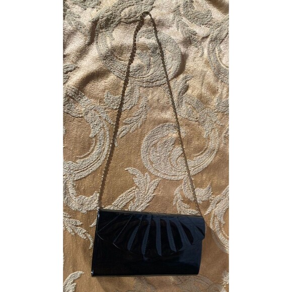 Vintage 80s Purse 1980s Black Patent Gold Chain Glam Retro Chic Handbag - Picture 4 of 5